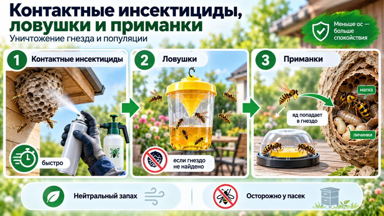 Контактные инсектициды, ловушки и приманки: уничтожение гнёзд и популяции